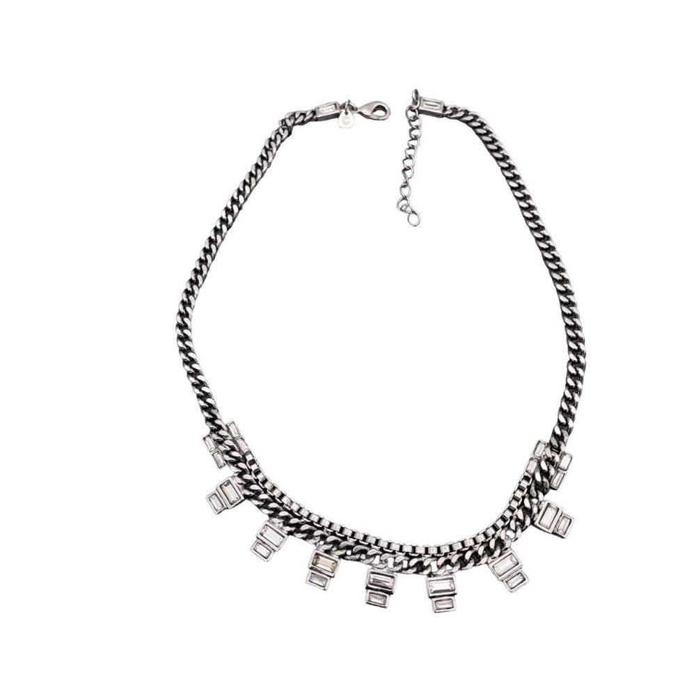 C Marked Curb Chunky Chain Crystal Charm Necklace Silver Tone Lobster Closure